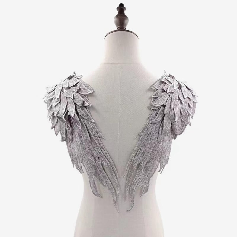 JRYYR Angel Wing Applique, Embroidered Wings, Silver Appliques for Dresses,Shoulder Applique 1 Pair (Silver Gray) - Image 1